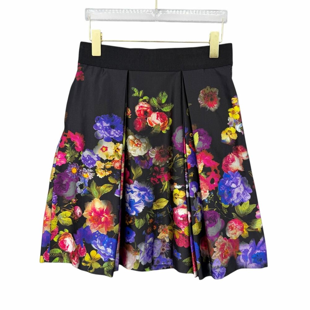 Milly Black Elastic Waist Bold Colorful Floral Satin Pocket Pleated A-line Skirt